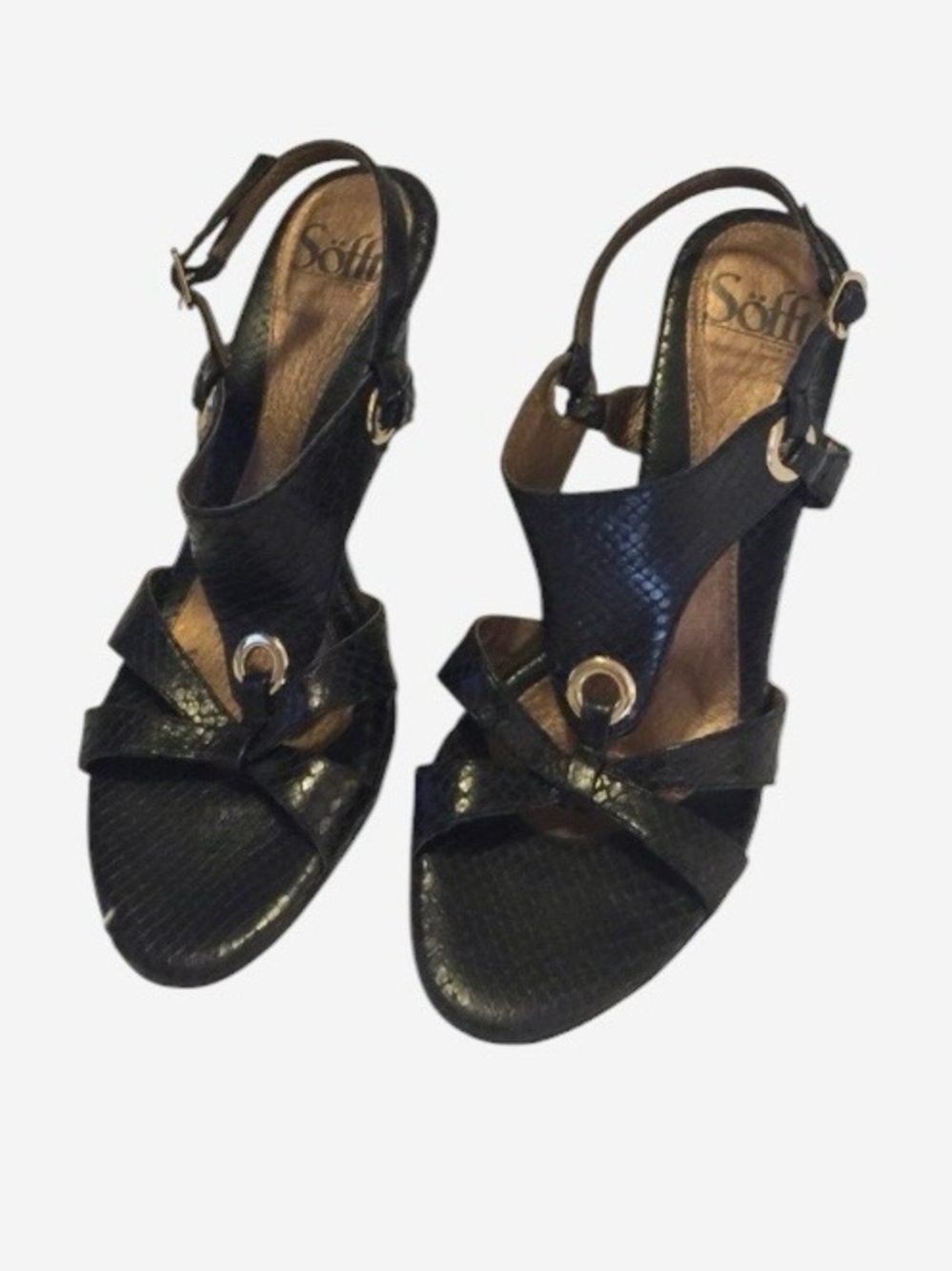 Sofft Women’s Black Embossed Leather Strappy Buckle Heeled Shoes Sandals  Sz 7N